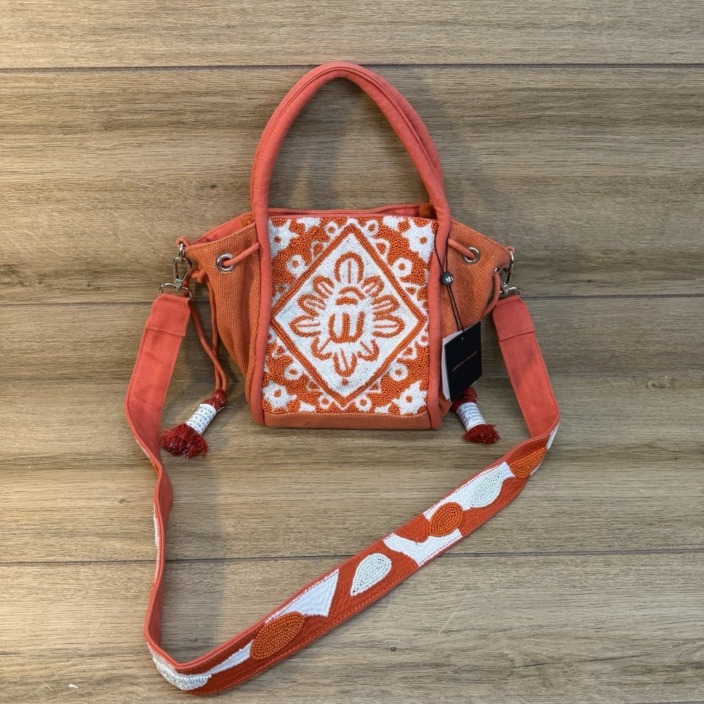 NWT America & Beyond Canvas Beaded Mini Tote Crossbody Orange Gold Boho